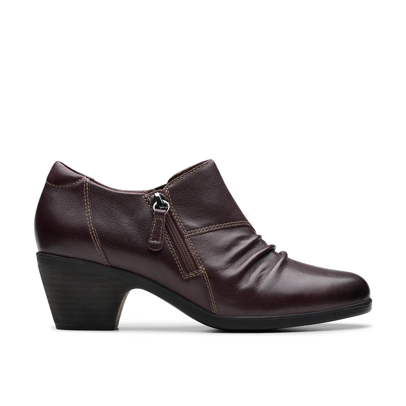 A single dark brown leather ankle boot with a zipper stands against a plain white background. Product Image 1