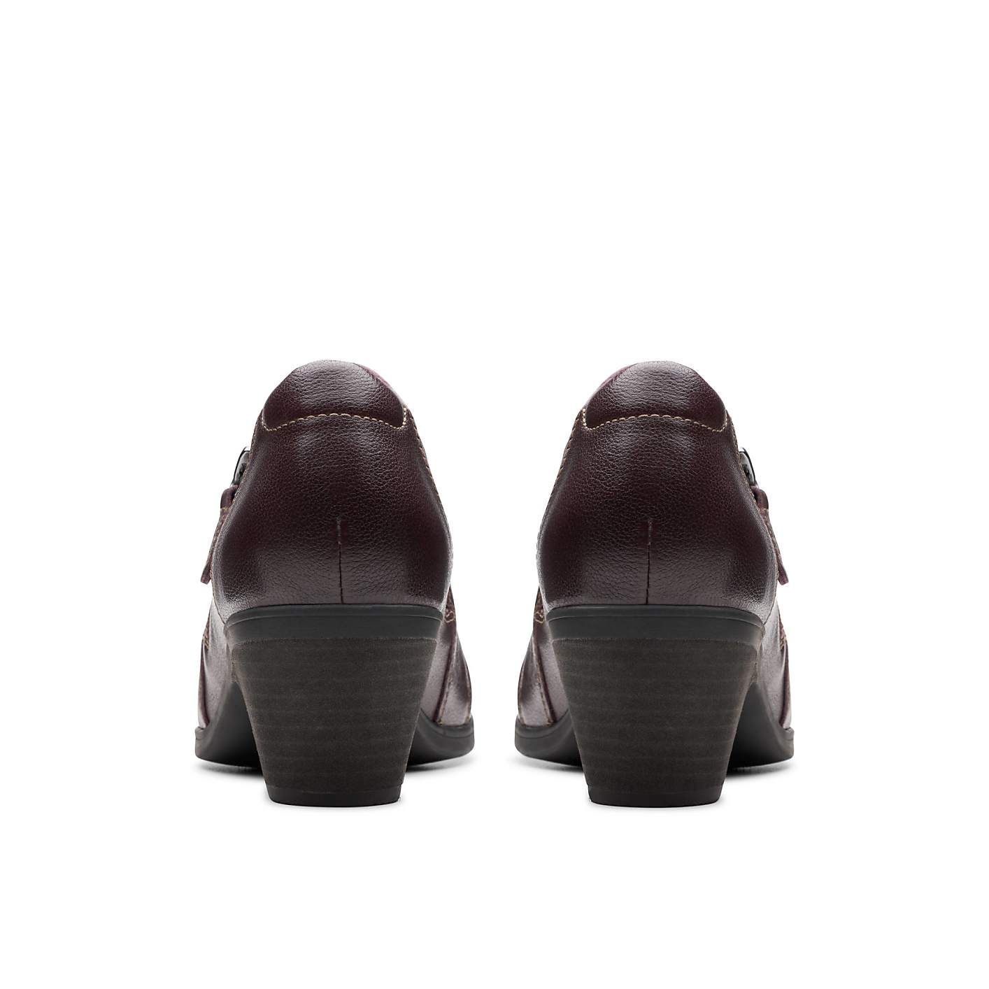 A pair of burgundy leather heeled shoes are positioned centrally against a plain white background. Product Image 2