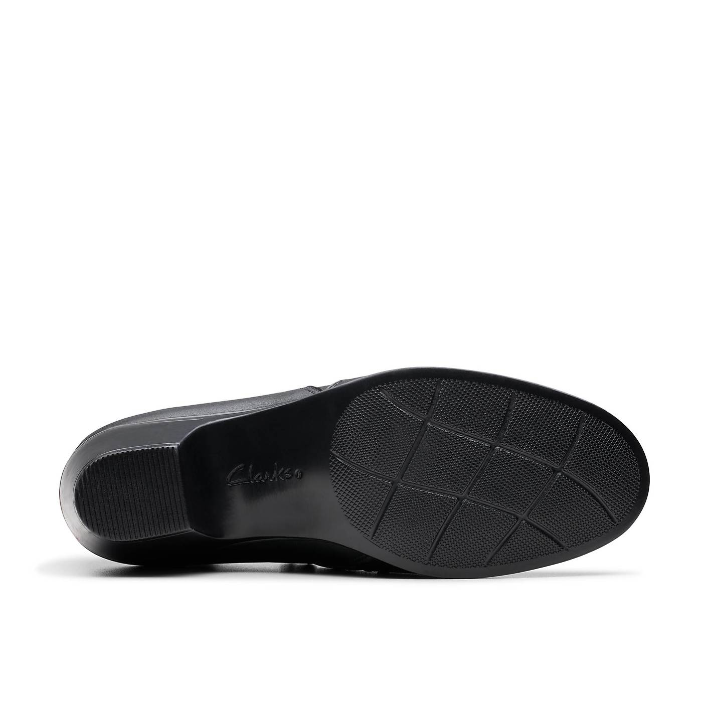 A black Clarks shoe rests on a plain white background. Product Image 4