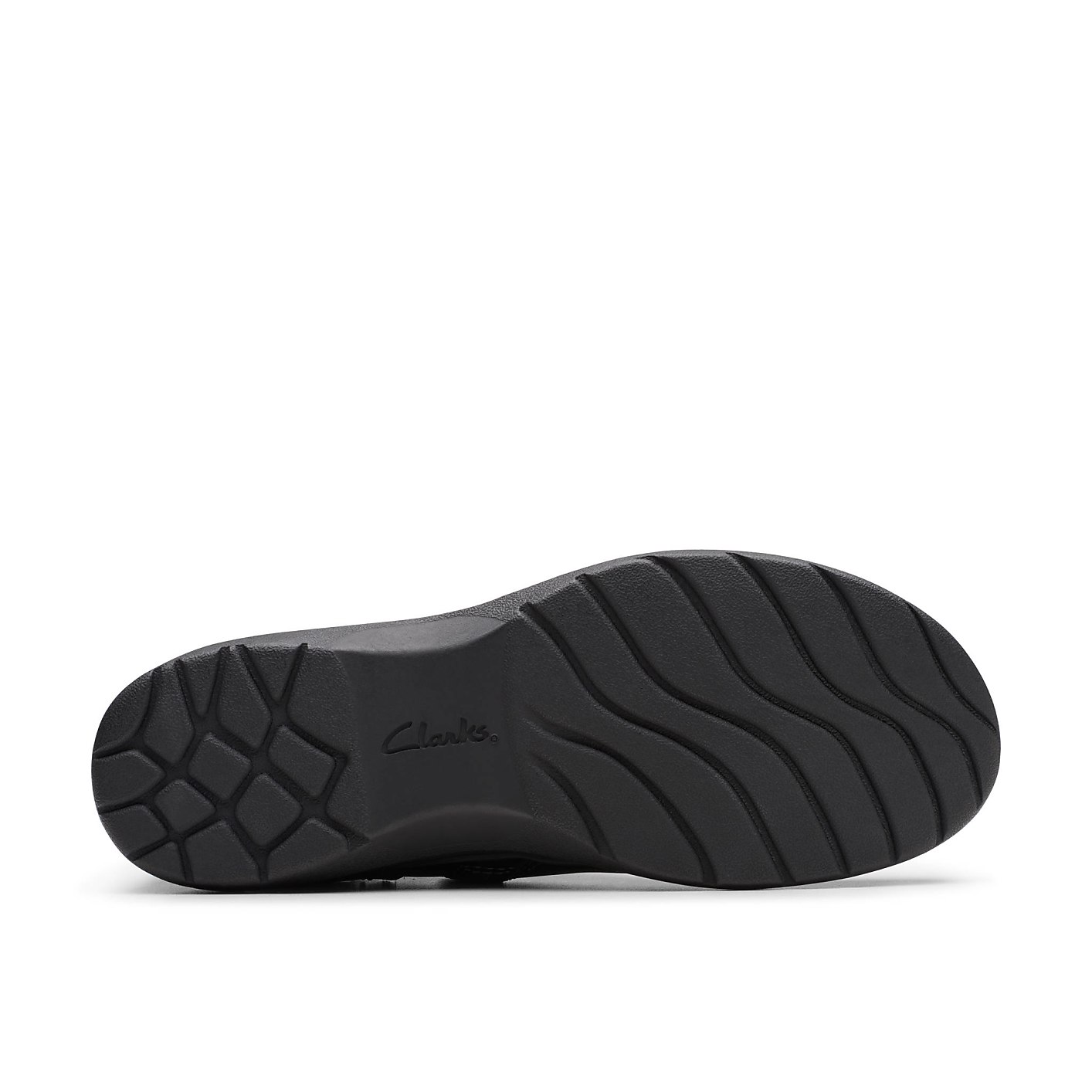 A black Clarks shoe sole with a textured grip is centered against a plain white background. Product Image 4