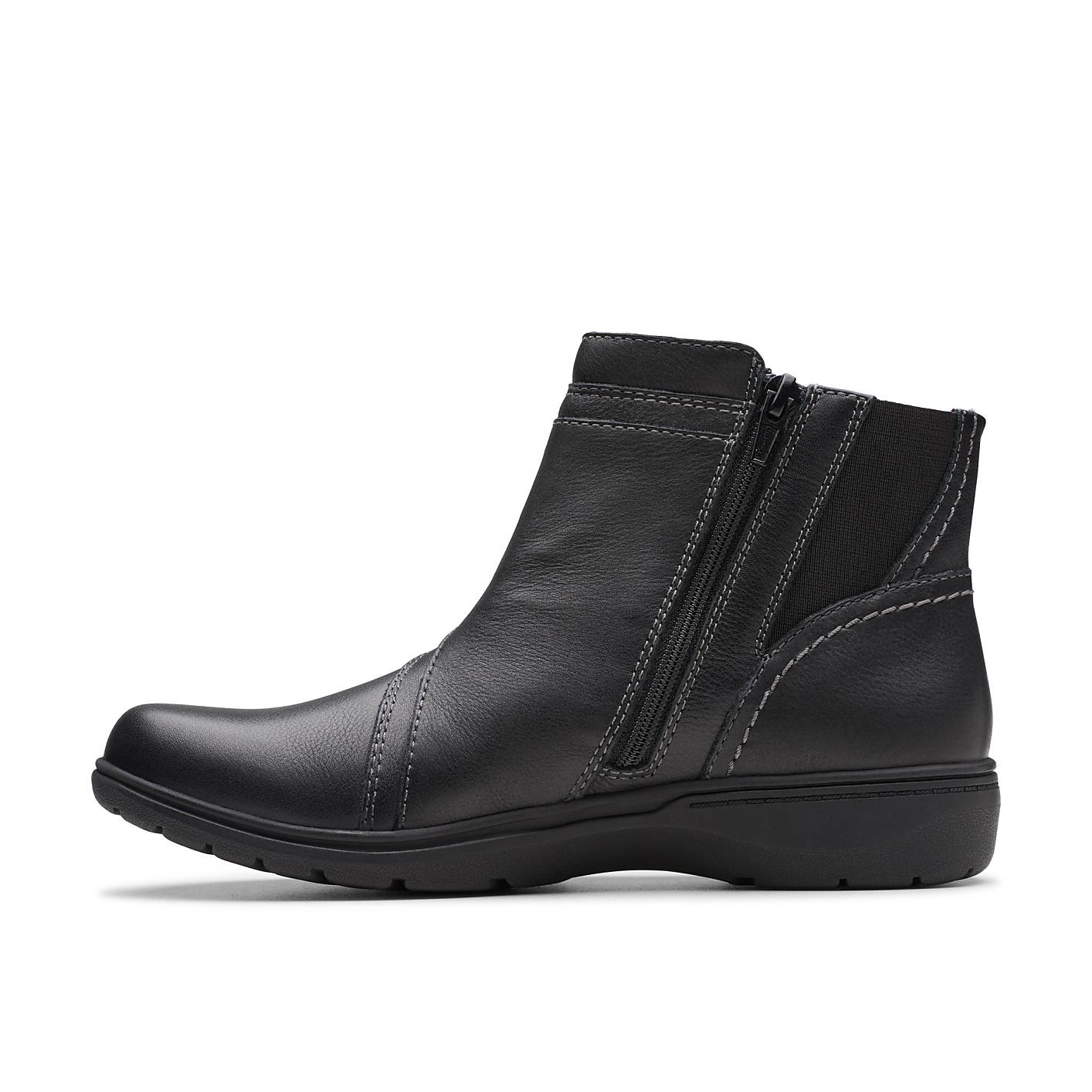 A black leather ankle boot with a side zipper stands against a plain white background. Product Image 3