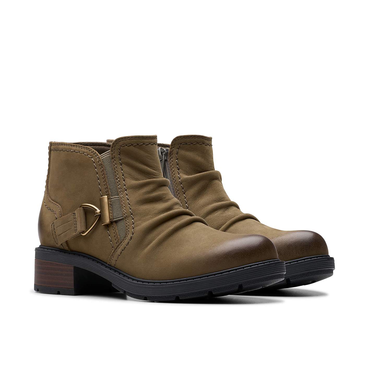 A pair of olive green ankle boots with buckle details stands against a plain white background. Product Image 5