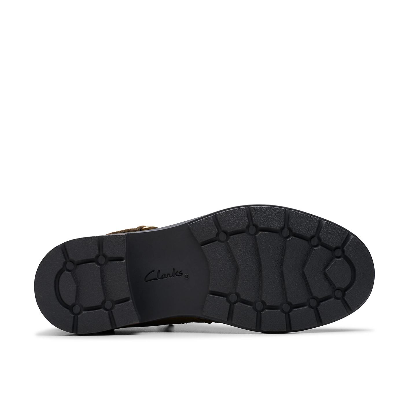 A black textured shoe sole with the "Clarks" logo is centered against a plain white background. Product Image 4