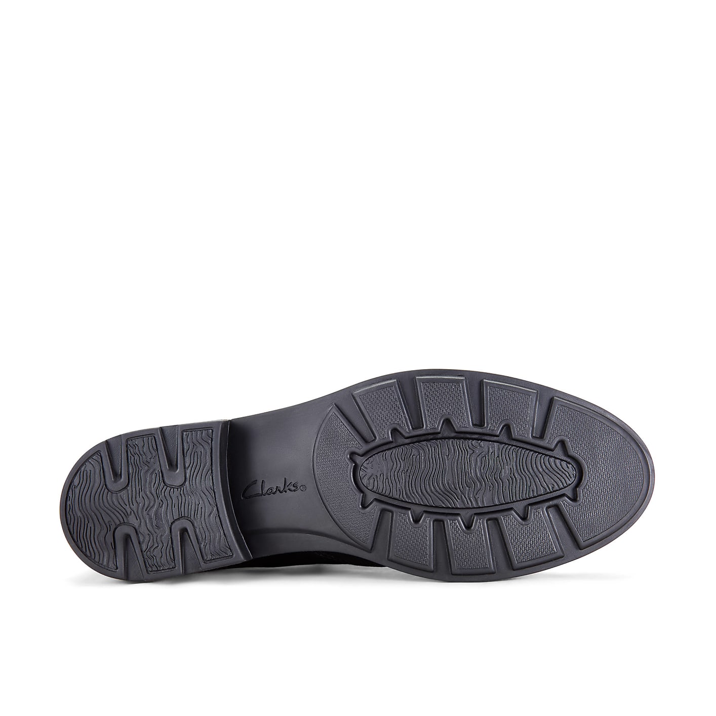 A black Clarks shoe sole with a textured grip is centered against a plain white background. Product Image 4