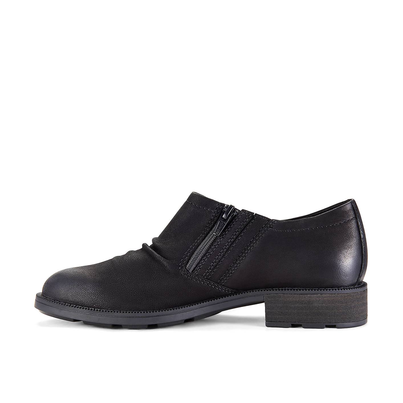 A single black leather shoe with a zipper sits in the foreground against a plain white background. Product Image 3
