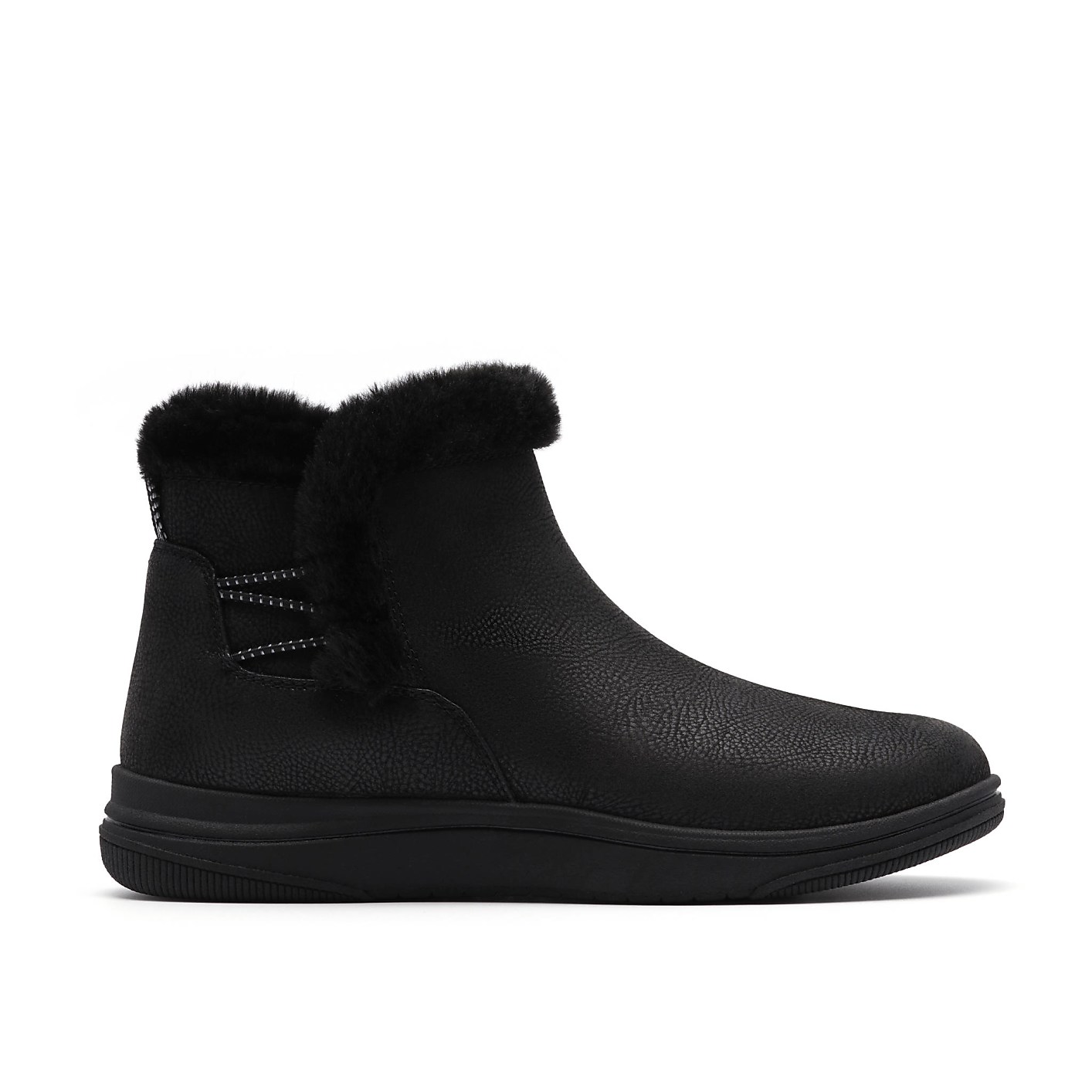 A black faux-leather ankle boot with a fluffy faux-fur collar sits against a plain white background. Product Image 1