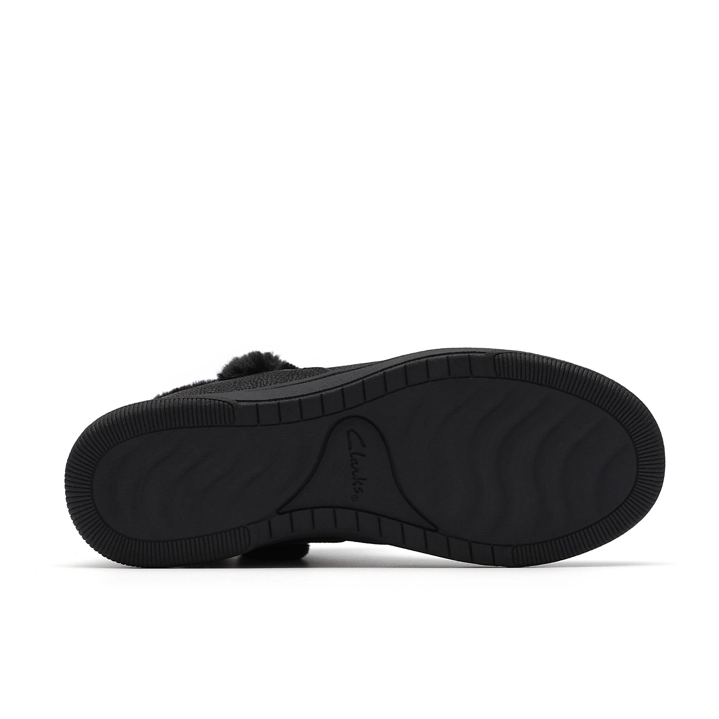 A black Clarks shoe is positioned in the foreground against a plain white background. Product Image 4