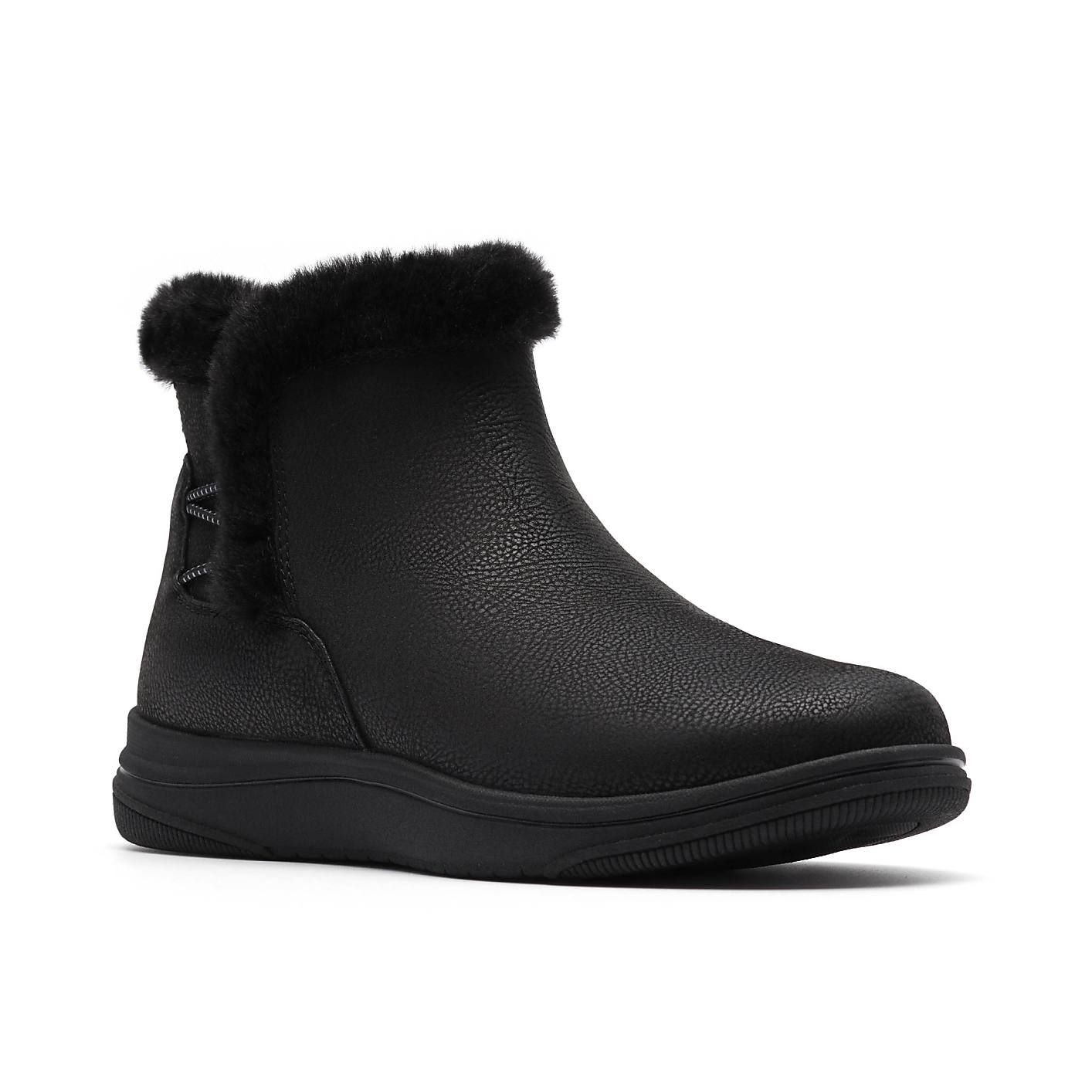 A single black leather boot with a faux-fur trim stands against a plain white background. Product Image 5