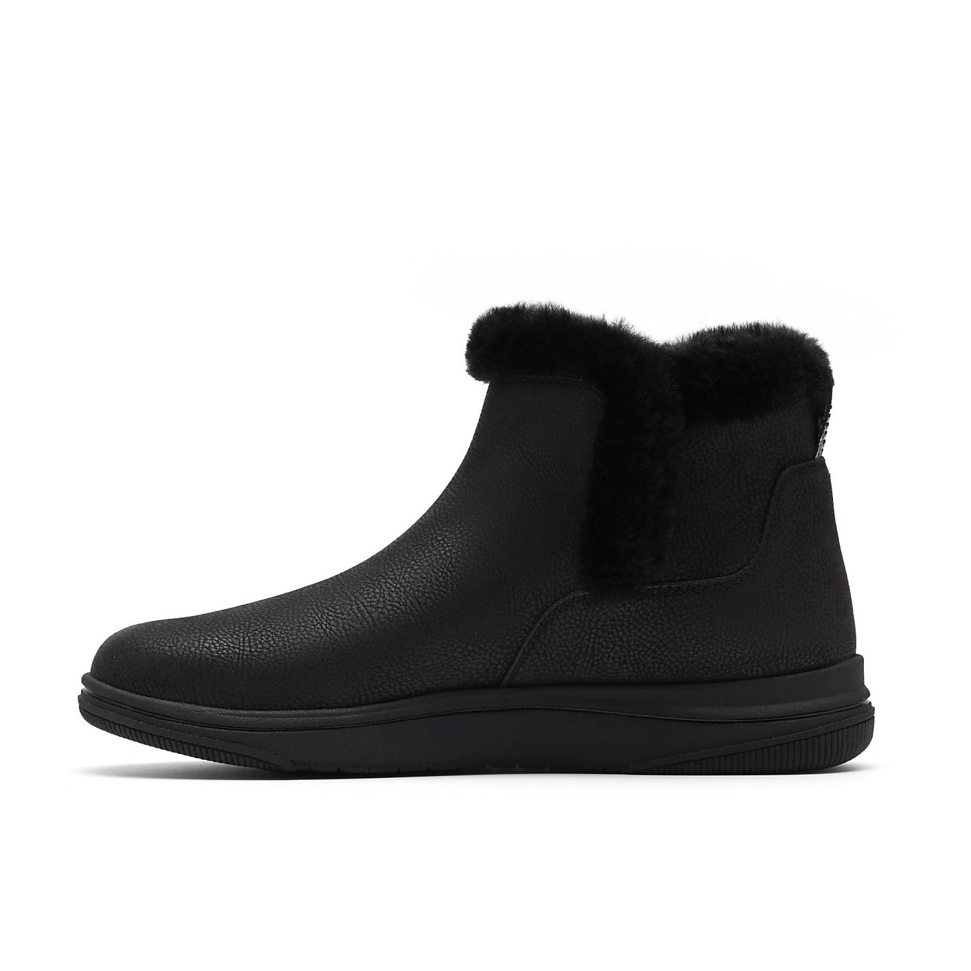A black leather boot with a faux-fur trim is centered against a plain white background. Product Image 3