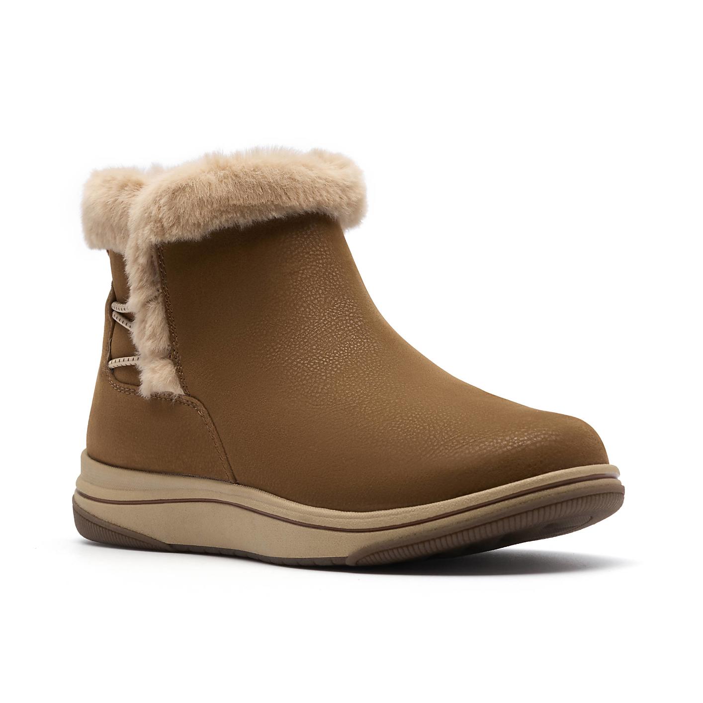 A brown faux-leather boot with a fluffy tan faux-fur trim is centered against a plain white background. Product Image 5