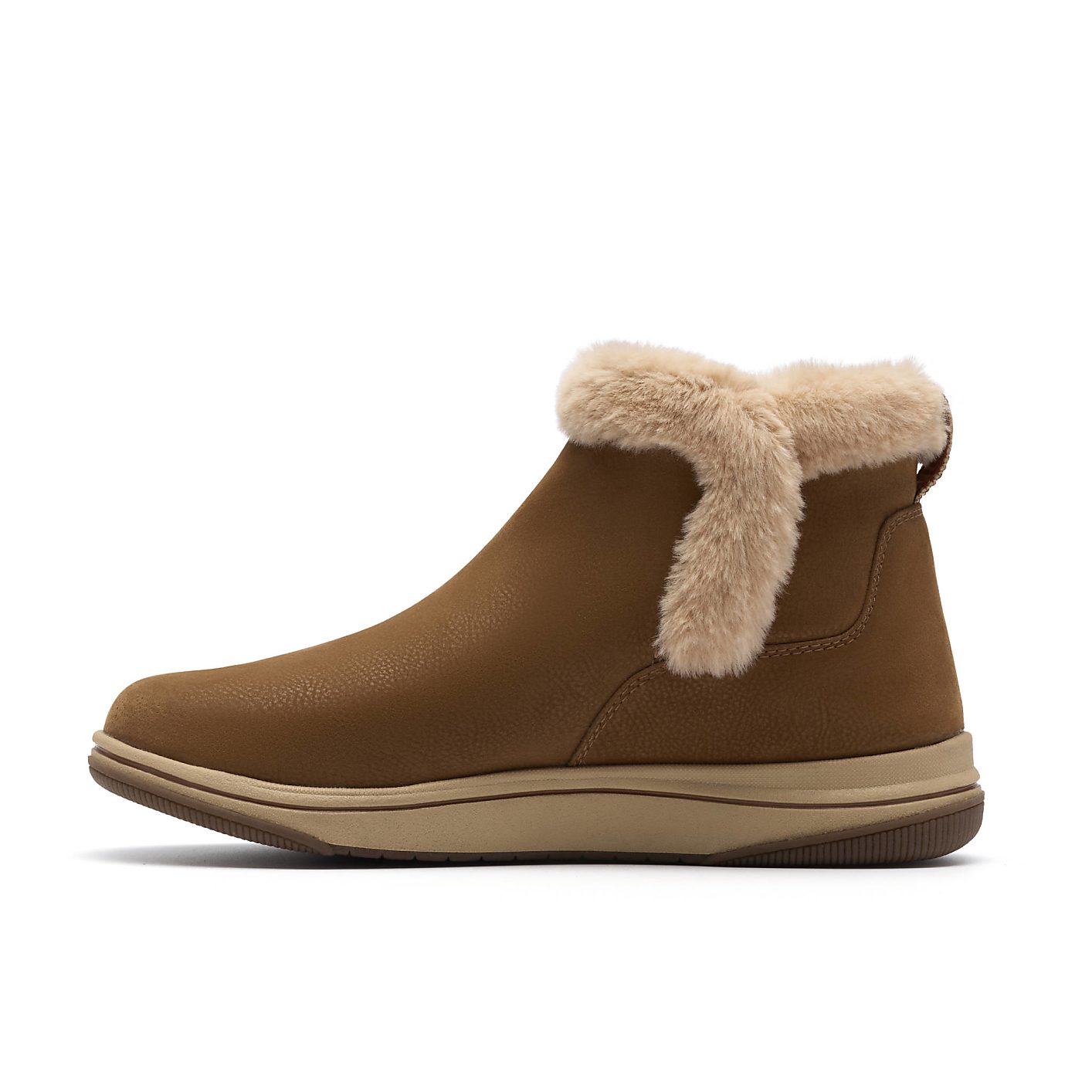 A brown faux-leather boot with a fluffy tan faux-fur collar sits against a plain white background. Product Image 3