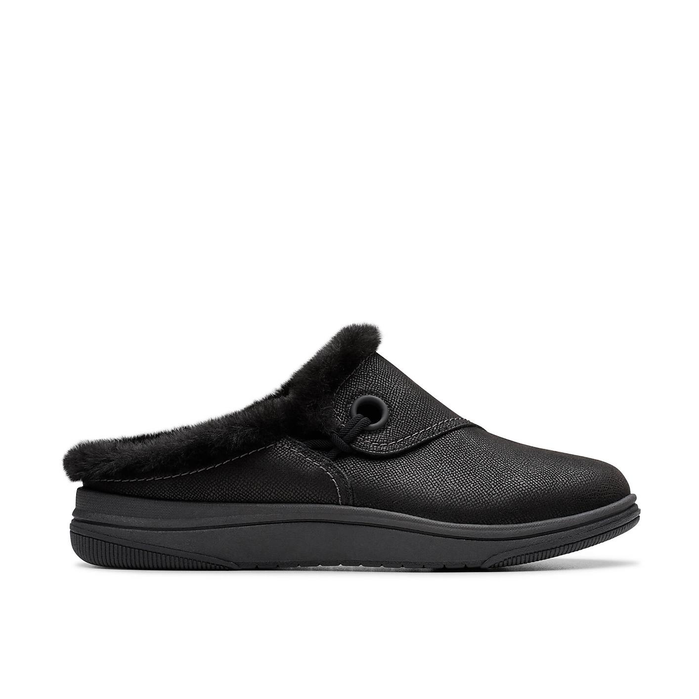 A black faux-leather slipper with a fluffy faux-fur lining is centered against a plain white background. Product Image 1