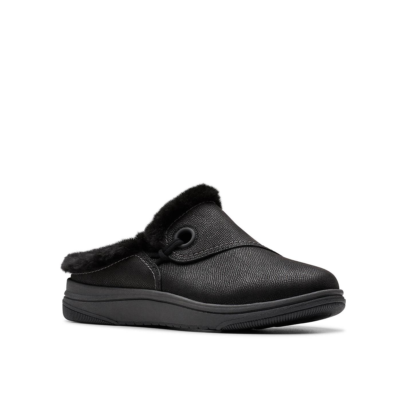 A black faux-leather slipper with a faux-fur lining sits against a plain white background. Product Image 5