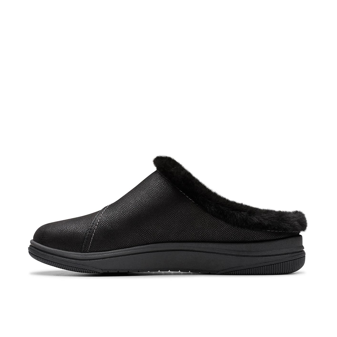A black faux-leather slipper with a fuzzy lining sits centered against a plain white background. Product Image 3
