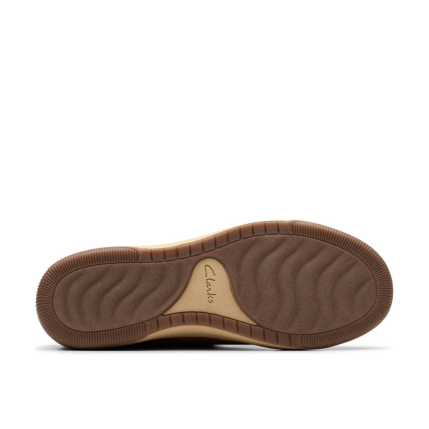 A brown Clarks shoe sole is centered in the foreground against a plain white background. Product Image 4