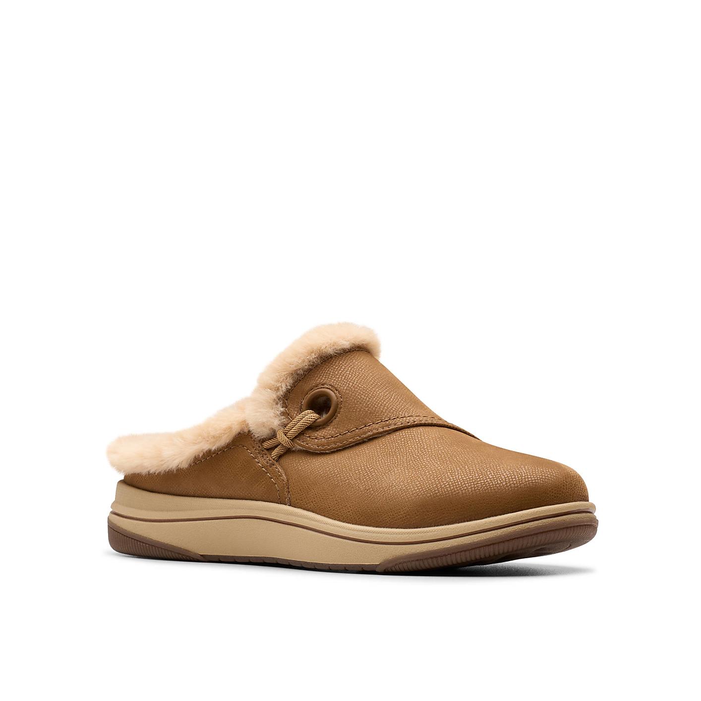 A tan faux-leather slip-on shoe with a fluffy cream lining is centered against a plain white background. Product Image 5
