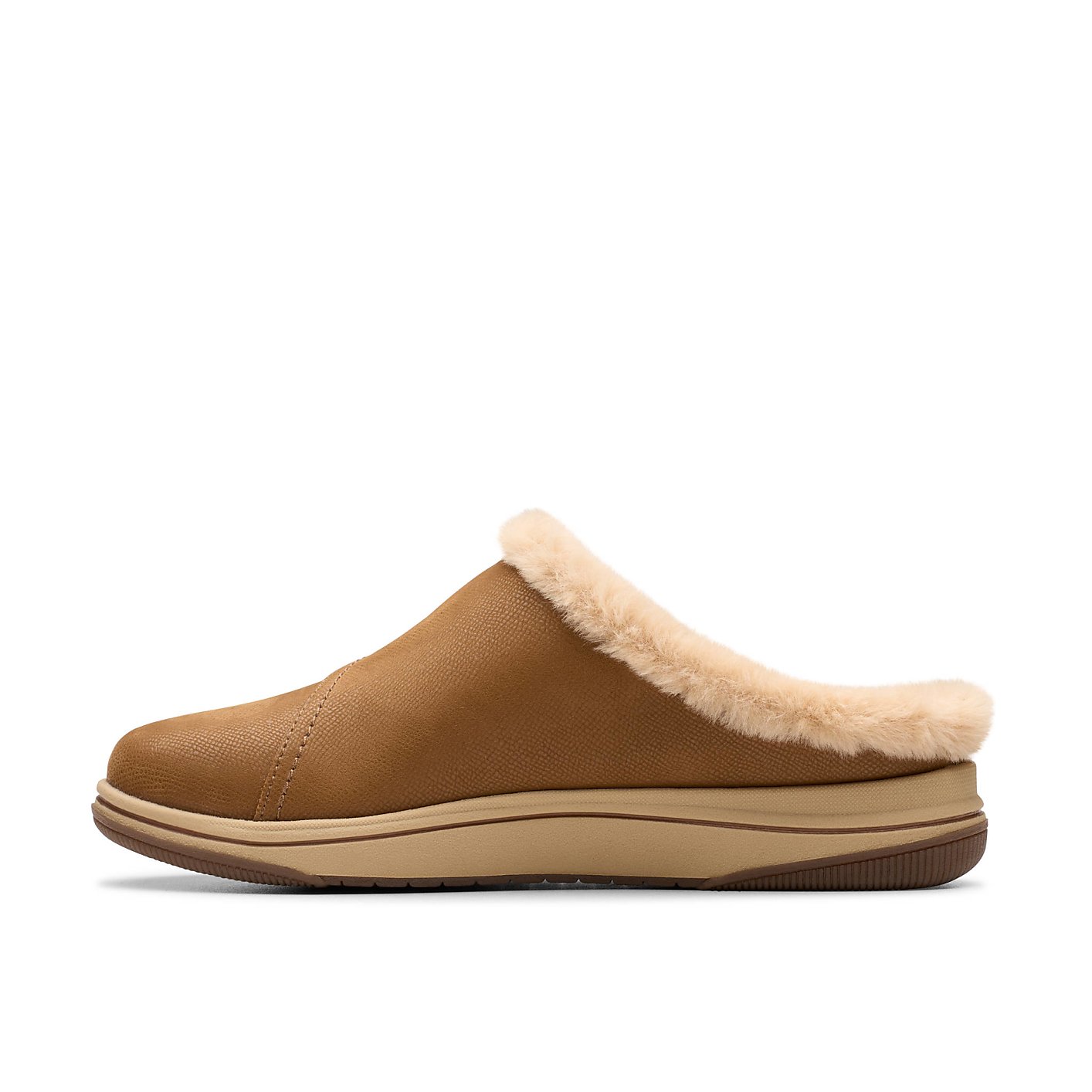 A brown faux-leather slipper with a fluffy cream lining sits centered against a plain white background. Product Image 3