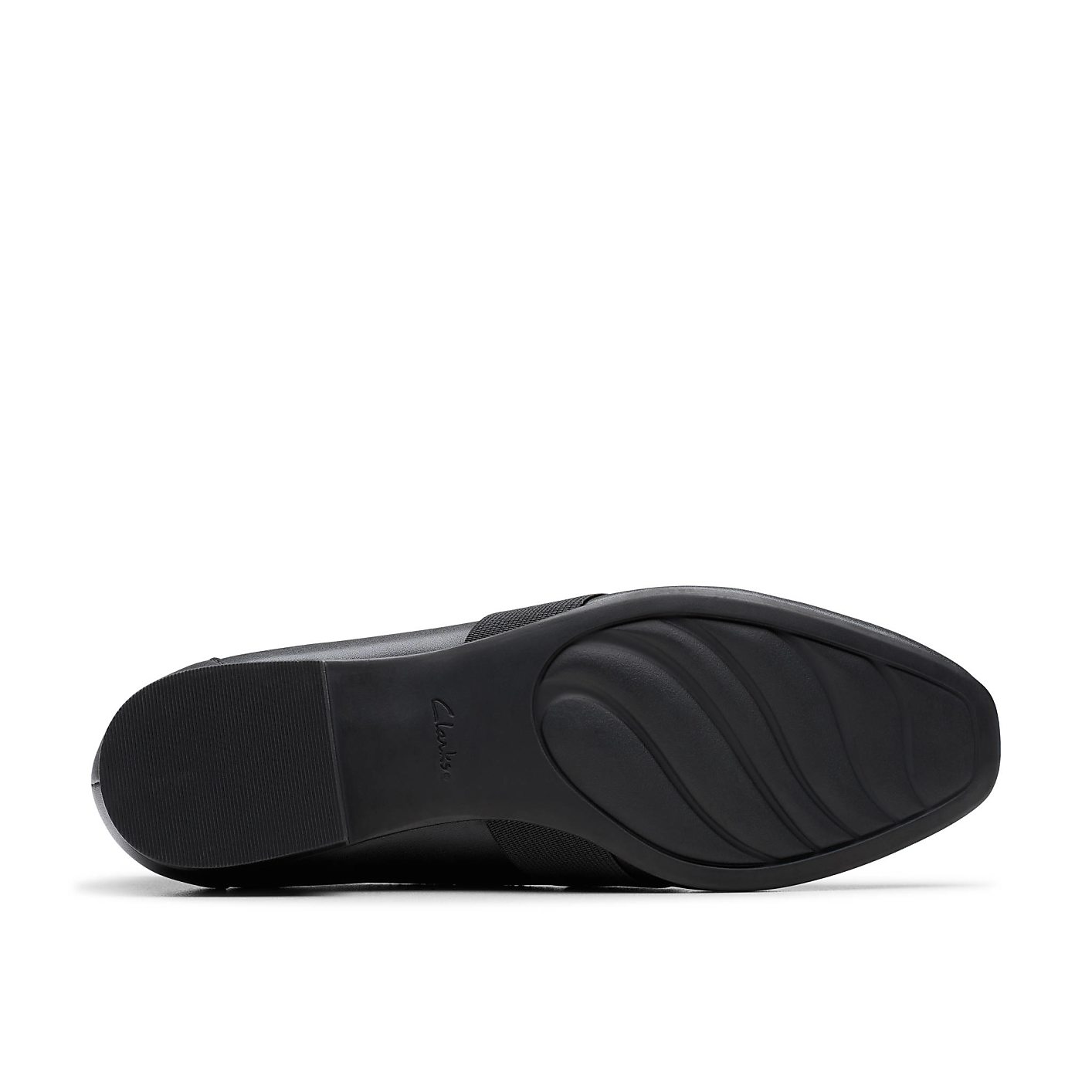 A black leather shoe is positioned horizontally in the foreground against a plain white background. Product Image 4