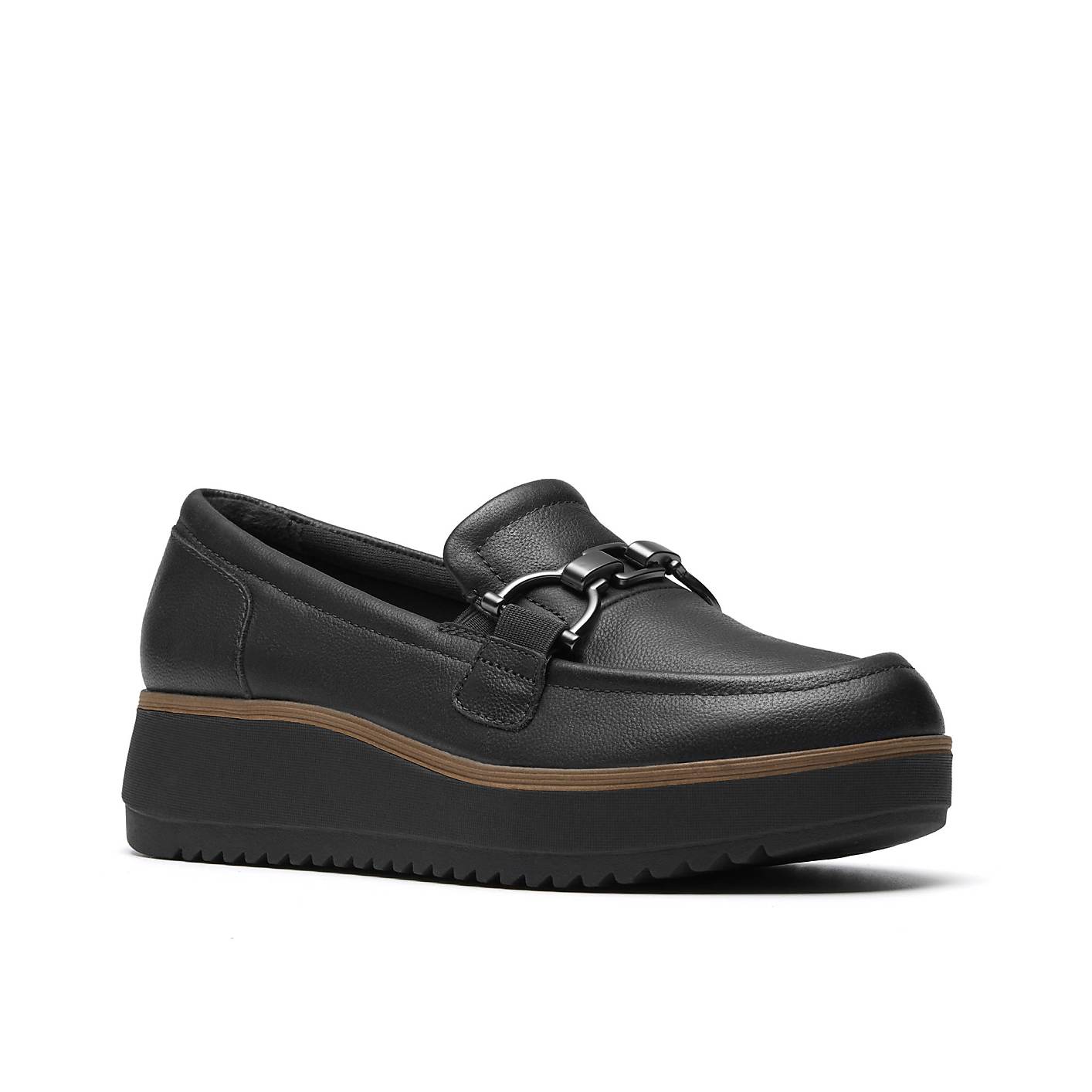 A black leather loafer with a thick platform sole sits centered against a plain white background. Product Image 5