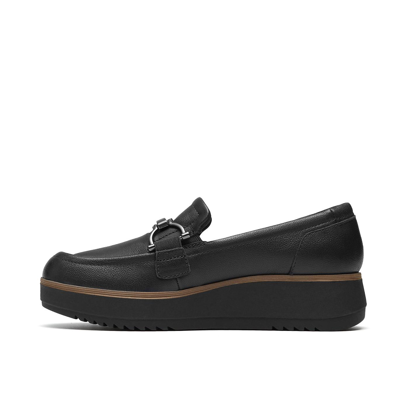 A black leather loafer with a thick platform sole is centered against a plain white background. Product Image 3