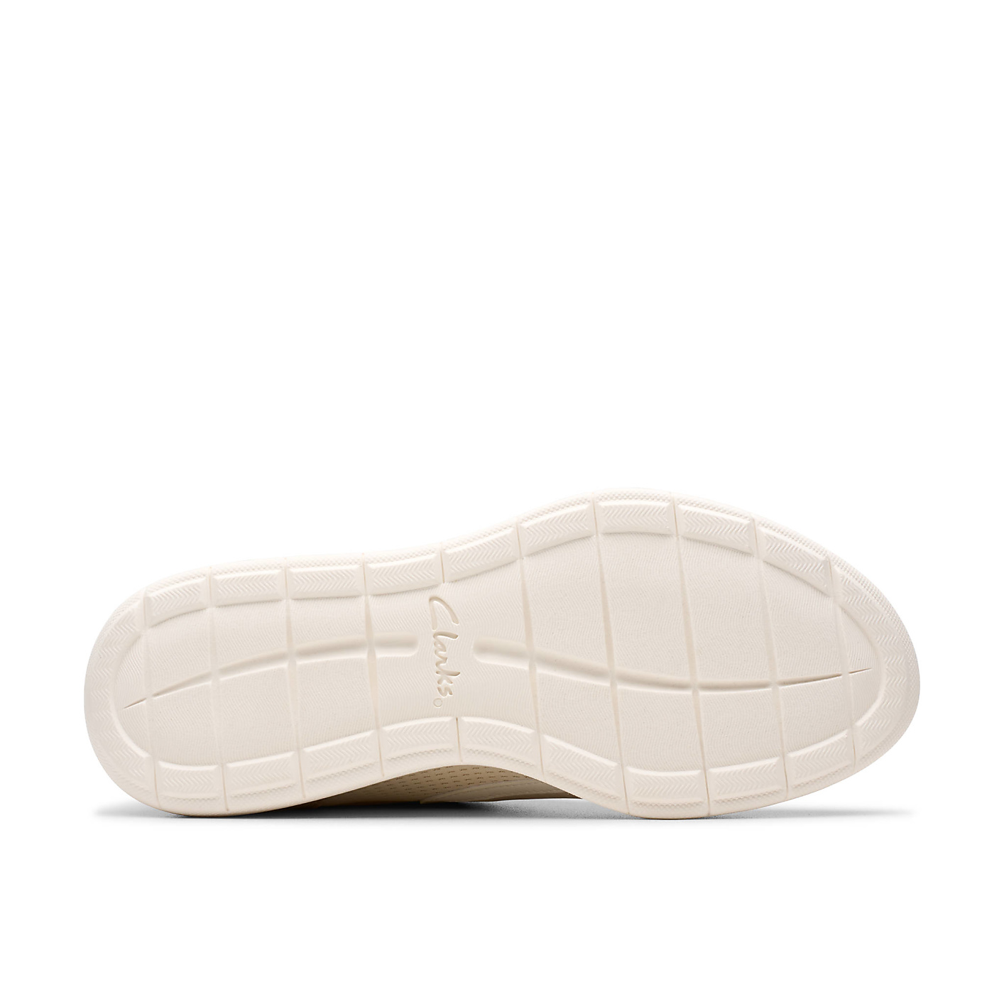 A cream-colored Clarks shoe sole is centered in the foreground against a plain white background. Product Image 4