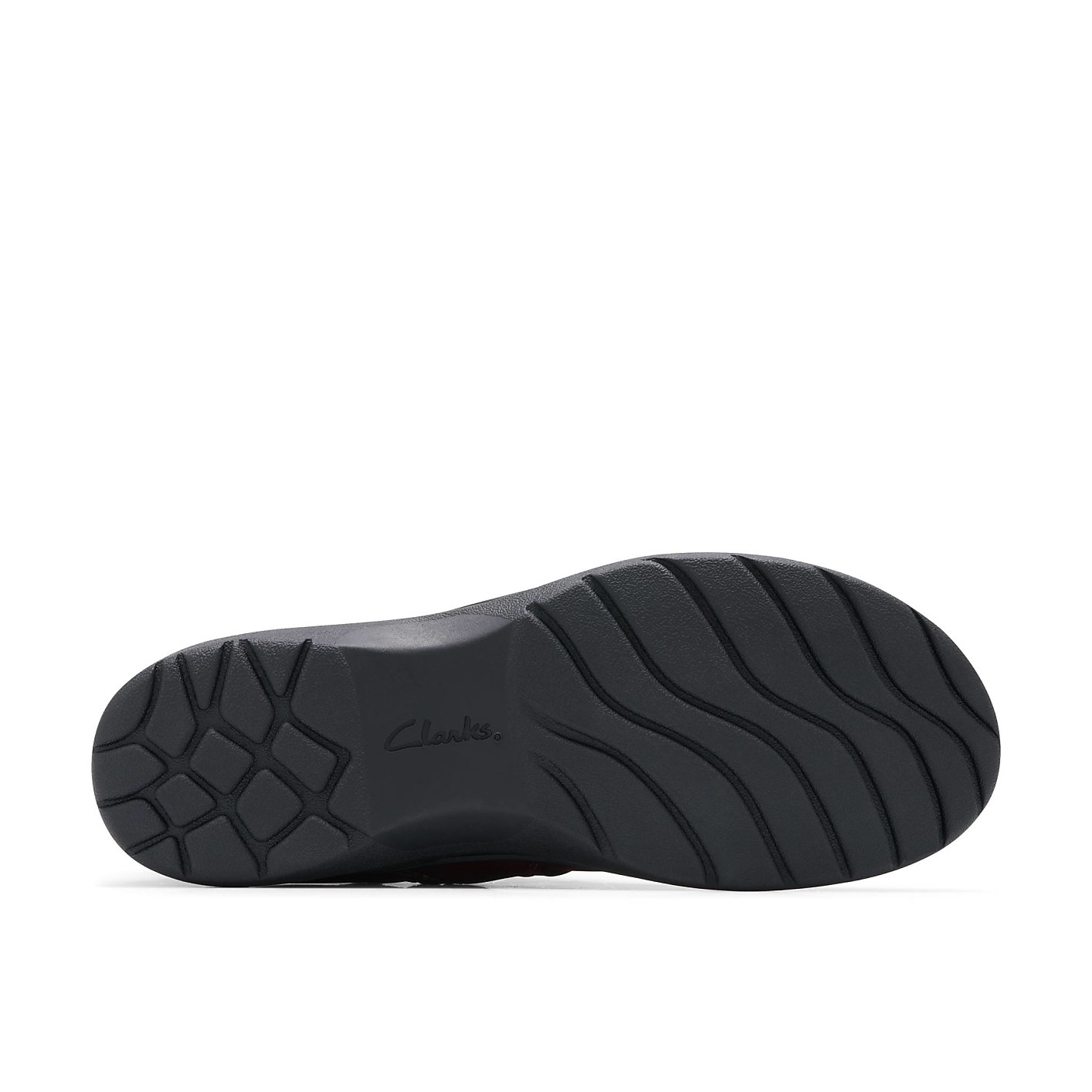 A black Clarks shoe sole with a textured grip is centered against a plain white background. Product Image 4