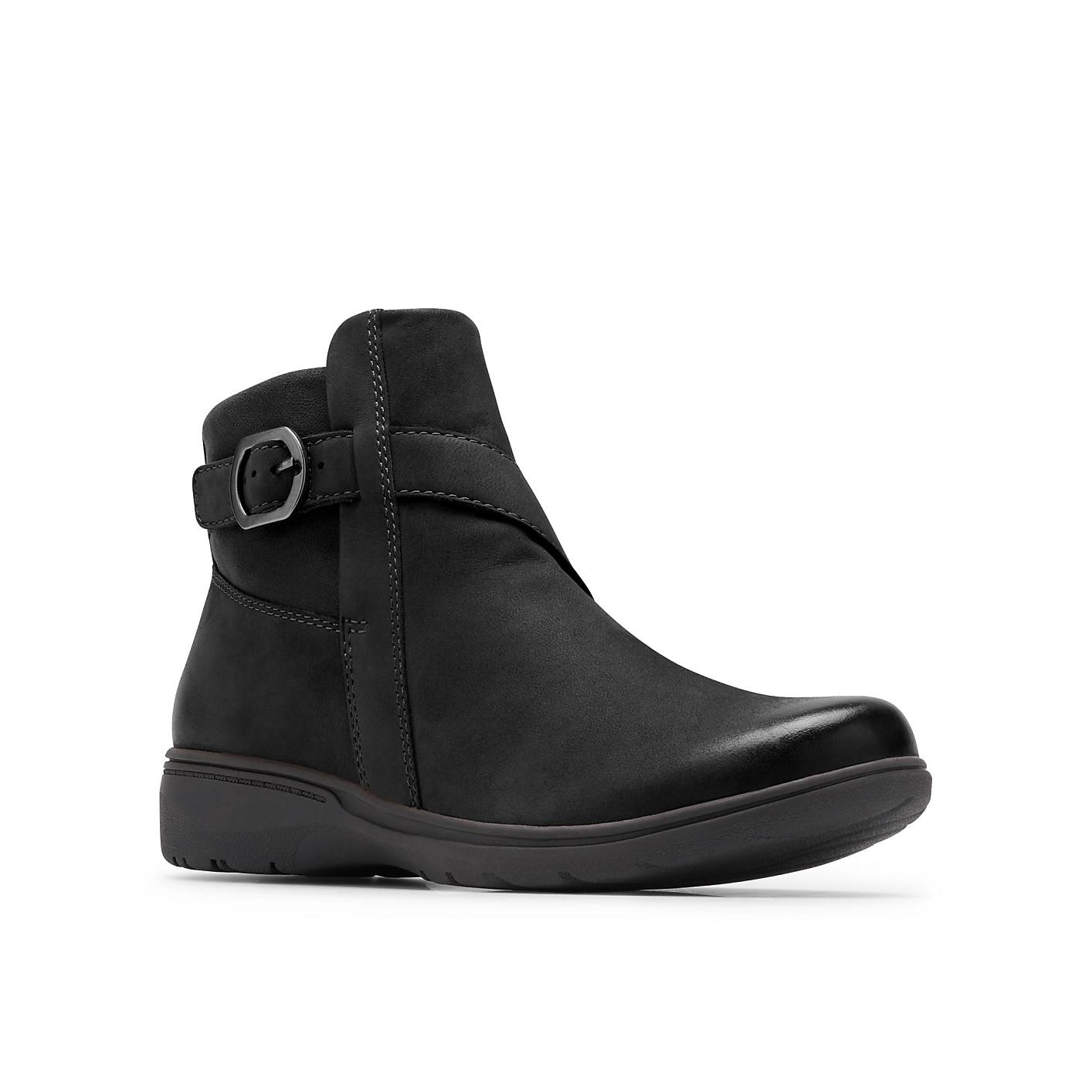 A black leather ankle boot with a buckle strap sits against a plain white background. Product Image 5