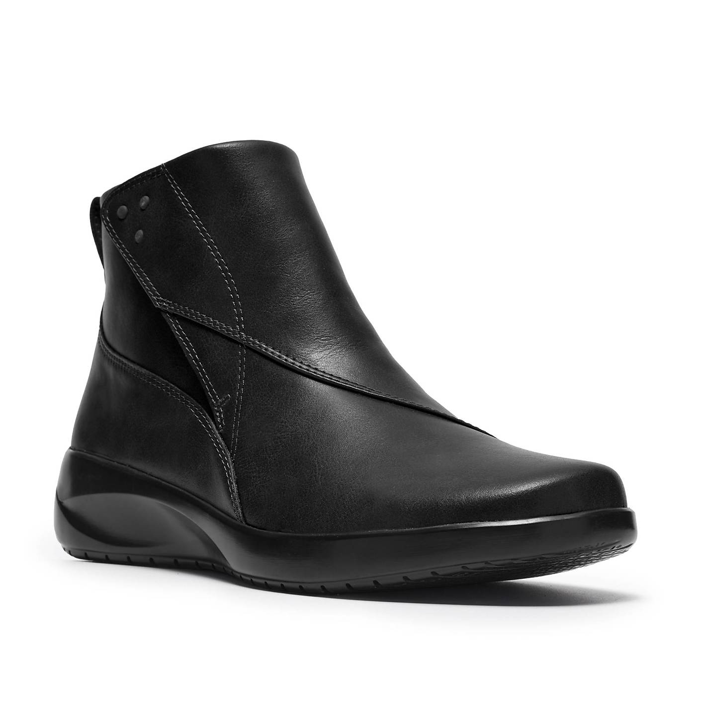 A single black leather ankle boot stands centered against a plain white background. Product Image 5