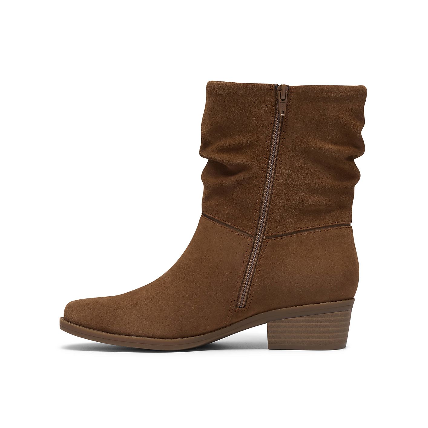A brown suede ankle boot with a side zipper stands against a plain white background. Product Image 3