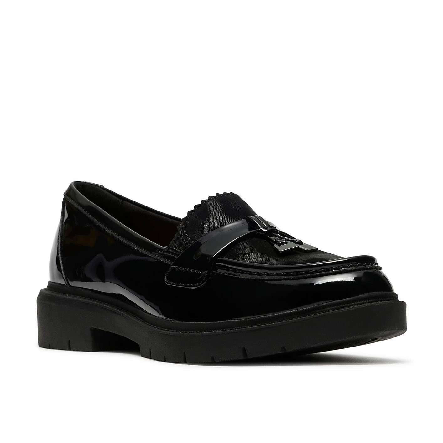 A black patent leather loafer with a chunky sole sits against a plain white background. Product Image 5