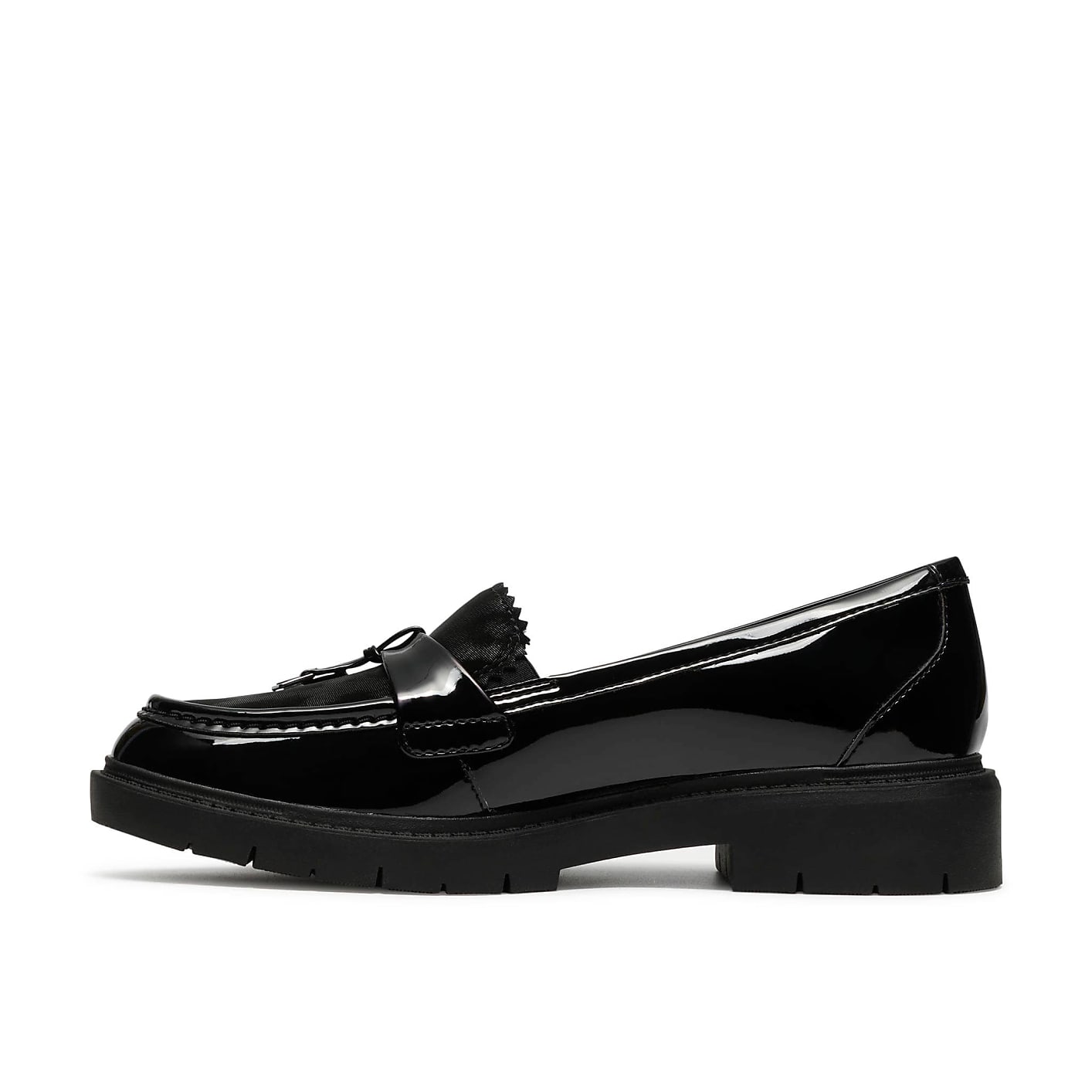 A single black patent leather loafer with a chunky sole sits against a plain white background. Product Image 3