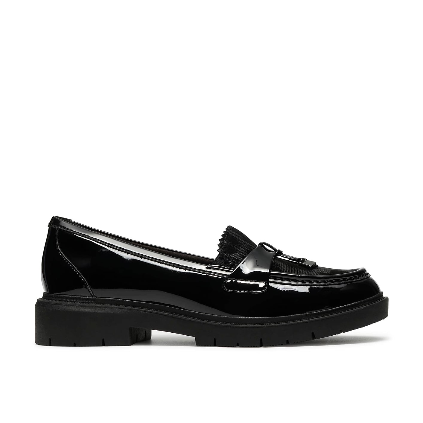 A single black patent leather loafer with a chunky sole sits against a plain white background. Product Image 1