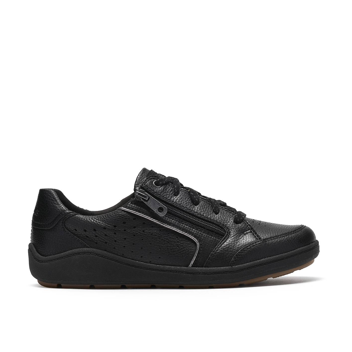A single black leather sneaker with a side zipper sits centered against a plain white background. Product Image 1