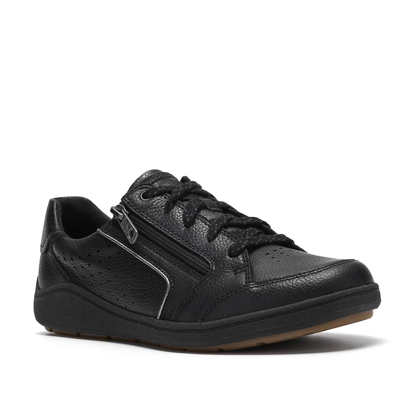 A black leather sneaker with a side zipper sits in the foreground against a plain white background. Product Image 5