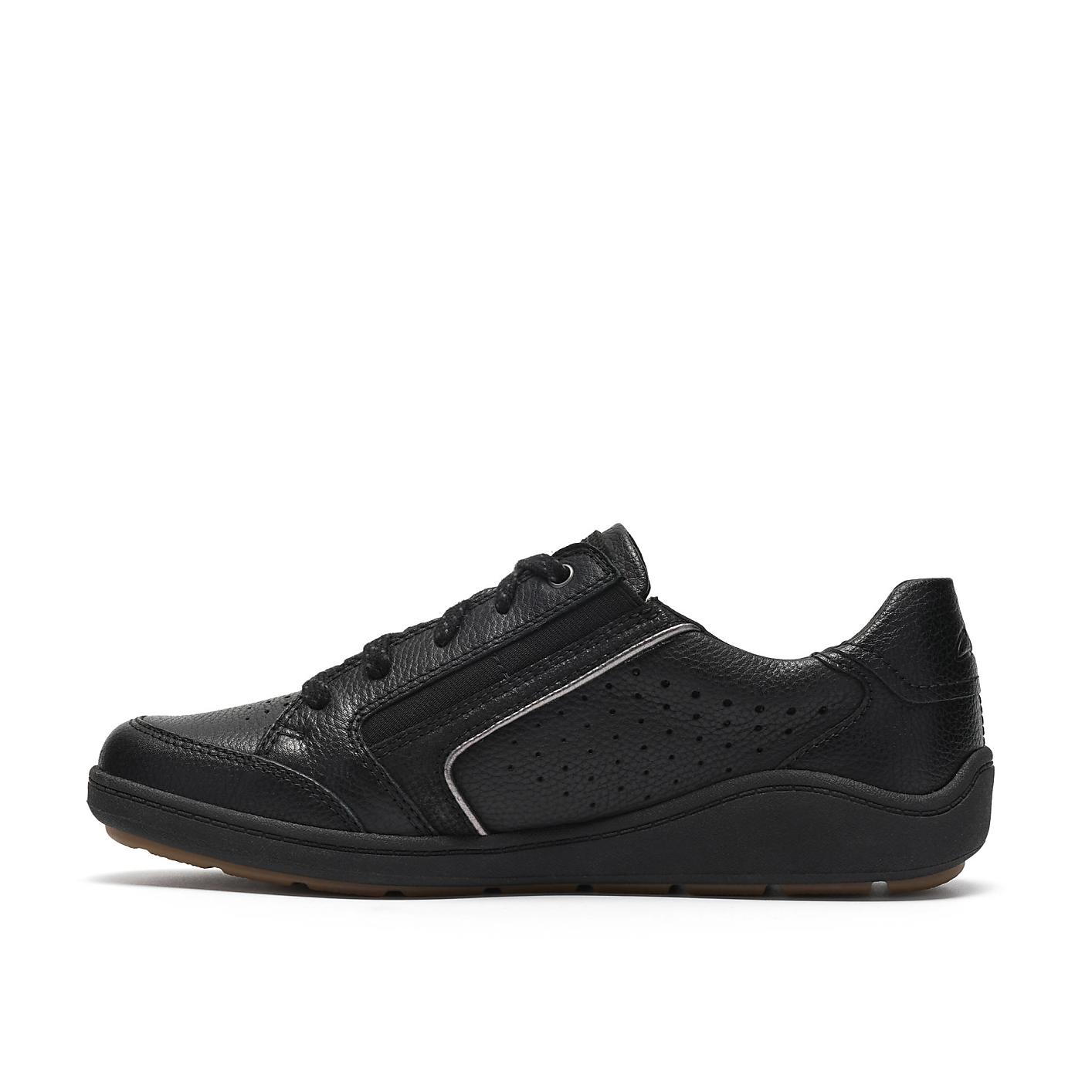 A single black leather sneaker sits in the foreground against a plain white background. Product Image 3