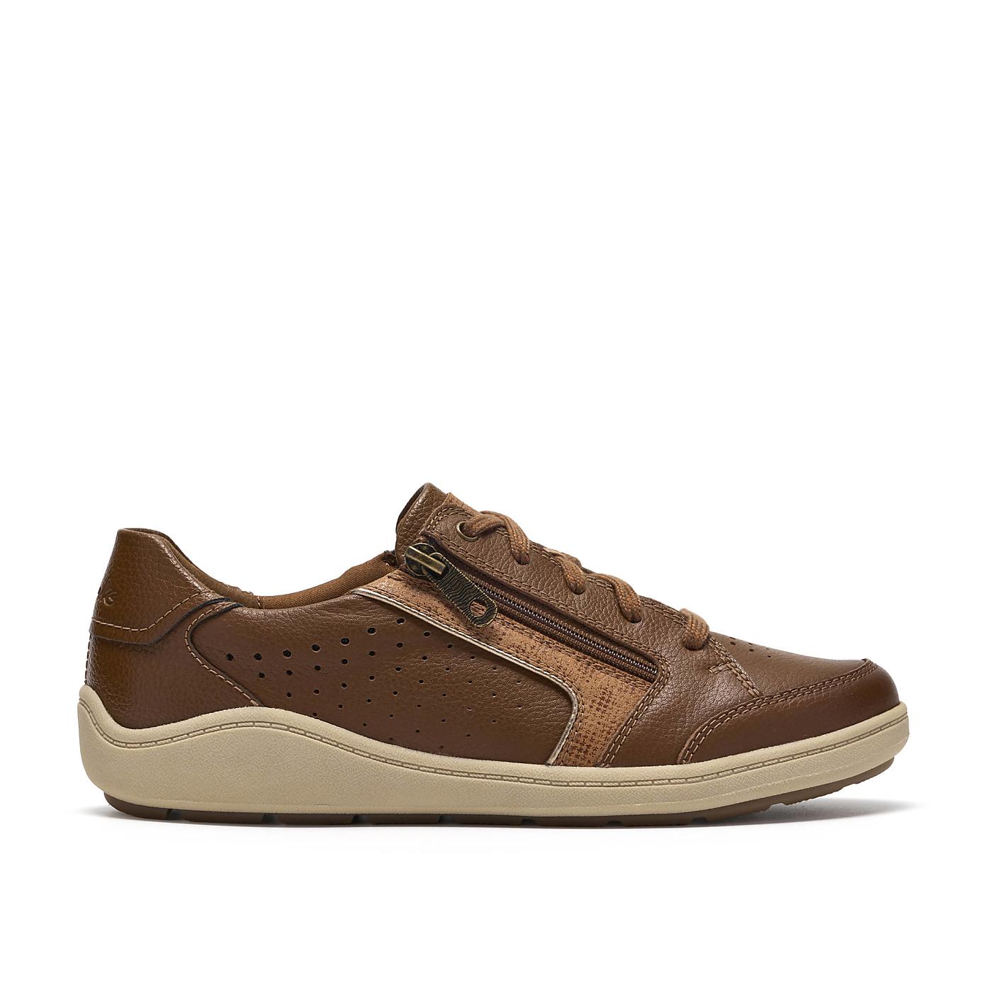 A brown leather sneaker with a tan sole sits centered against a plain white background. Product Image 1