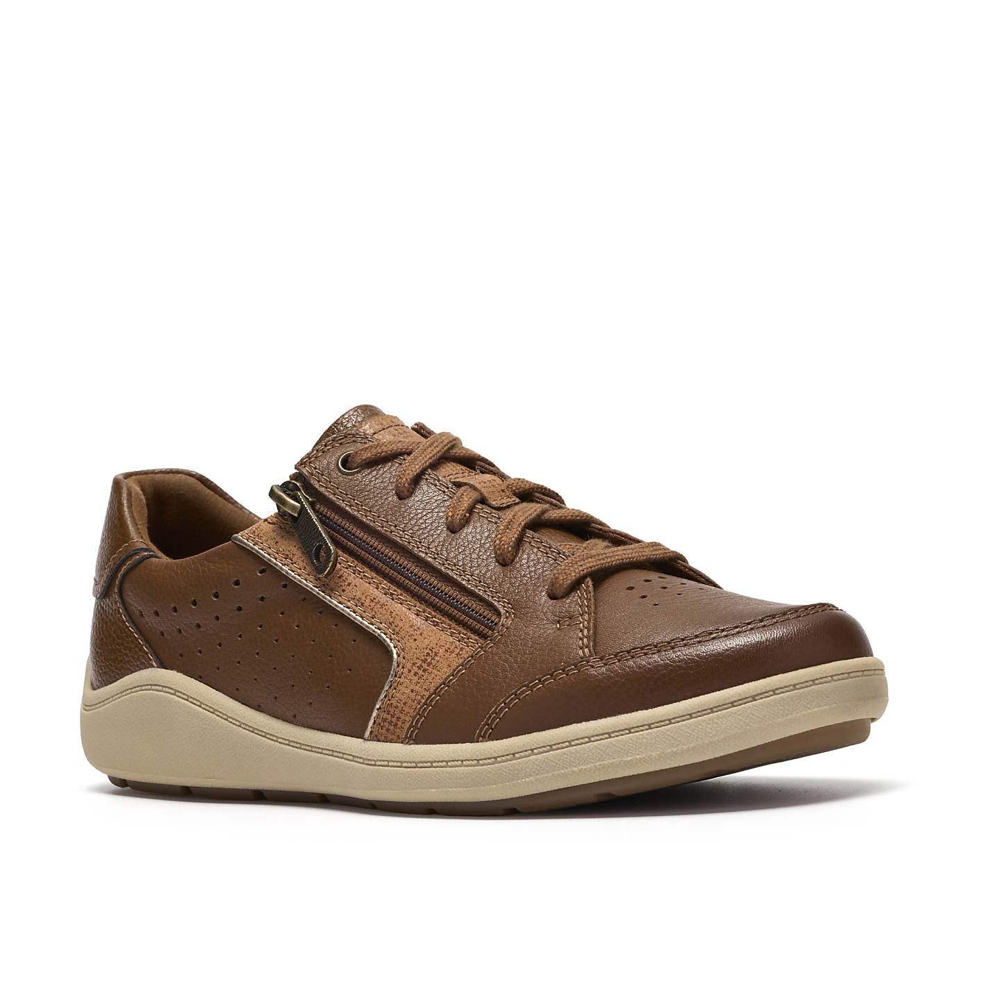 A brown leather sneaker with a side zipper sits against a plain white background. Product Image 5