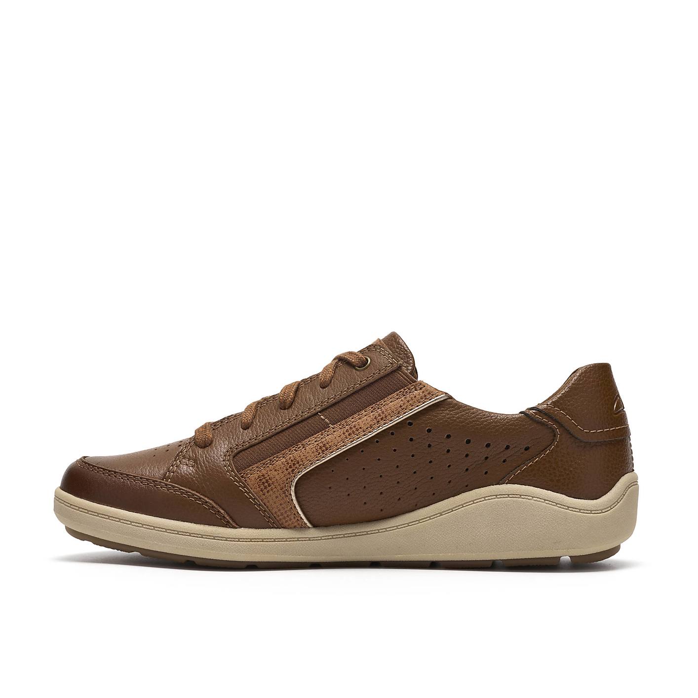 A brown leather sneaker with a tan sole sits centered against a plain white background. Product Image 3