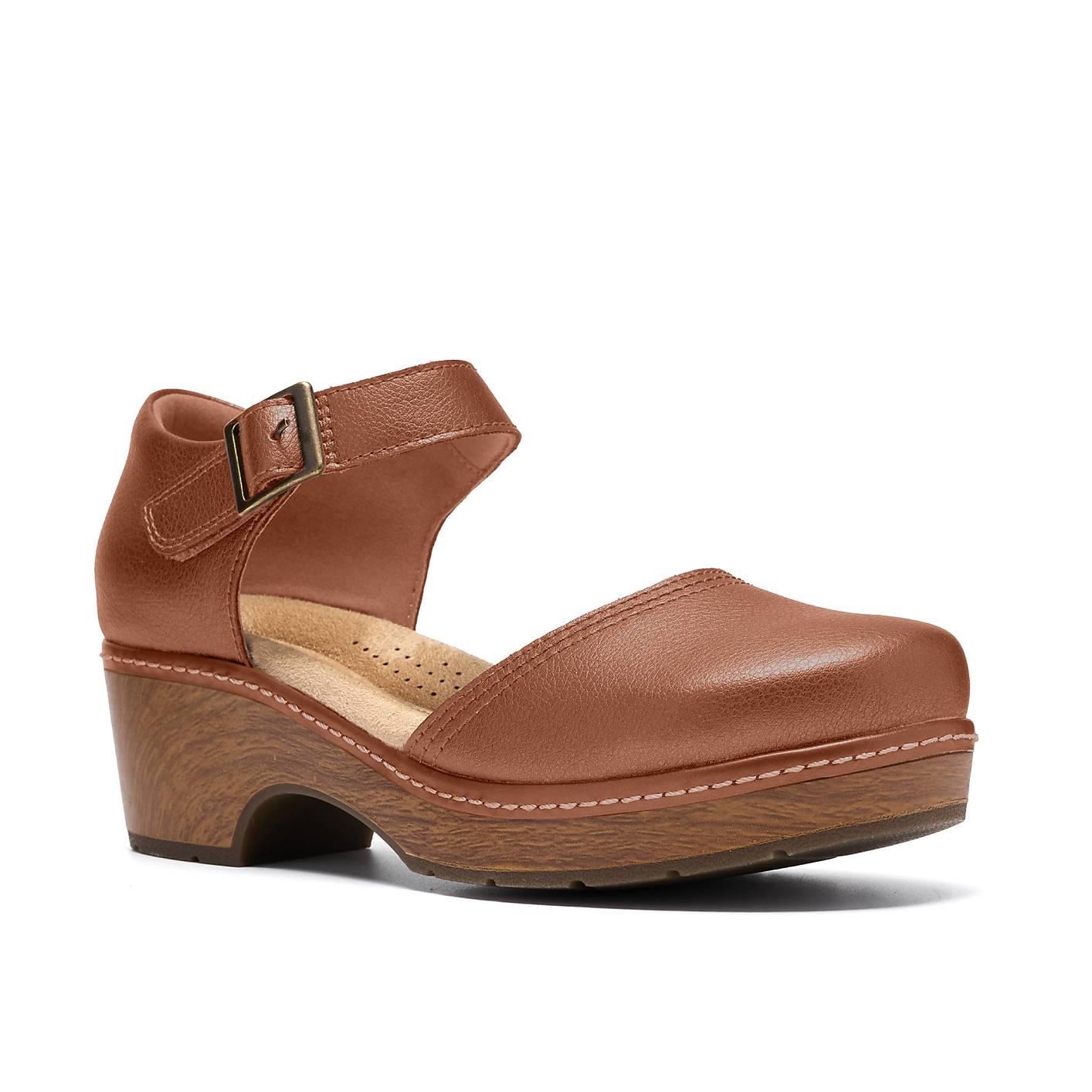 A brown leather platform sandal with an ankle strap sits against a plain white background. Product Image 5