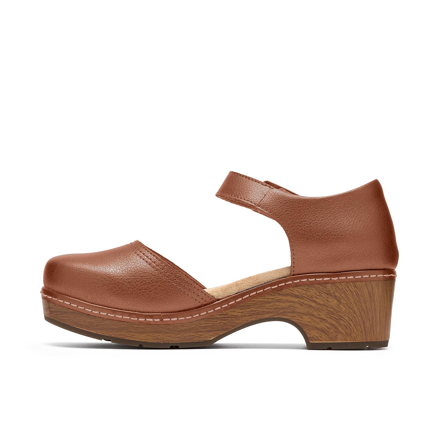 A brown leather slingback shoe with a wooden wedge heel sits against a plain white background. Product Image 3