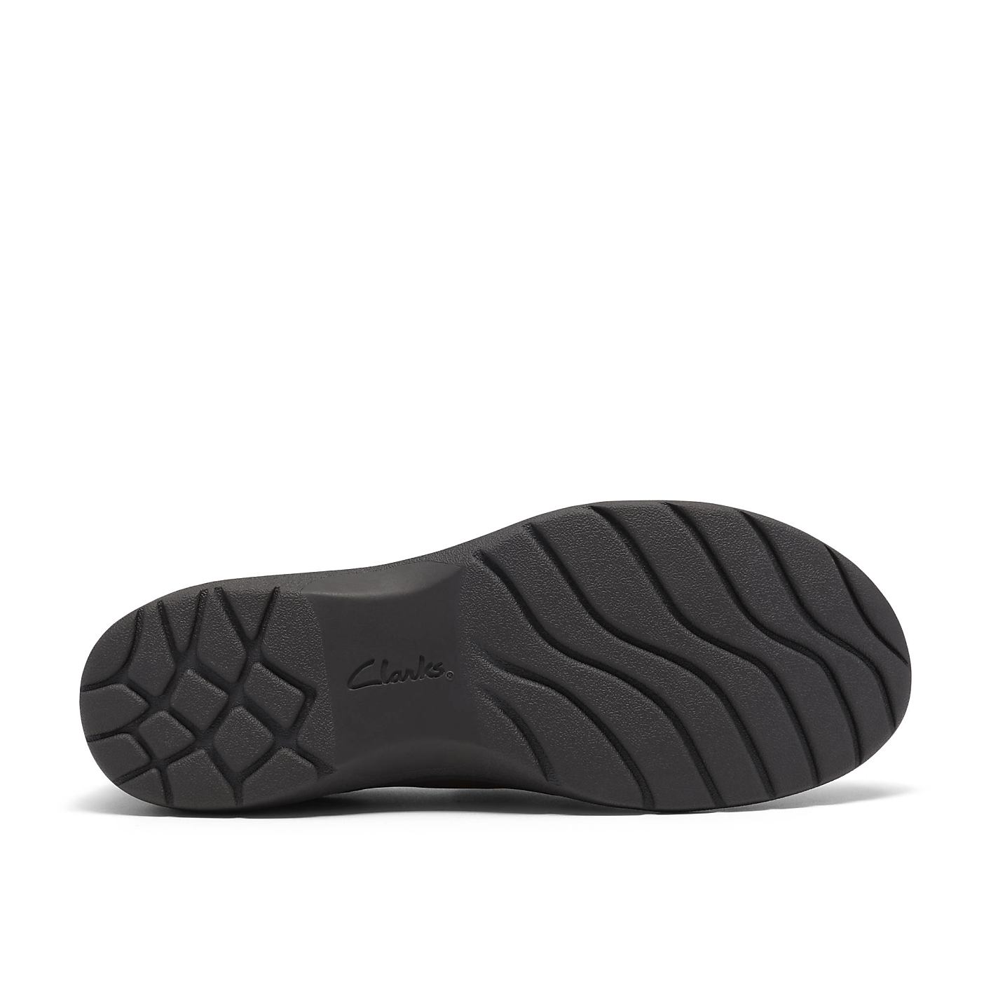 A black Clarks shoe sole with a textured grip is centered against a plain white background. Product Image 4