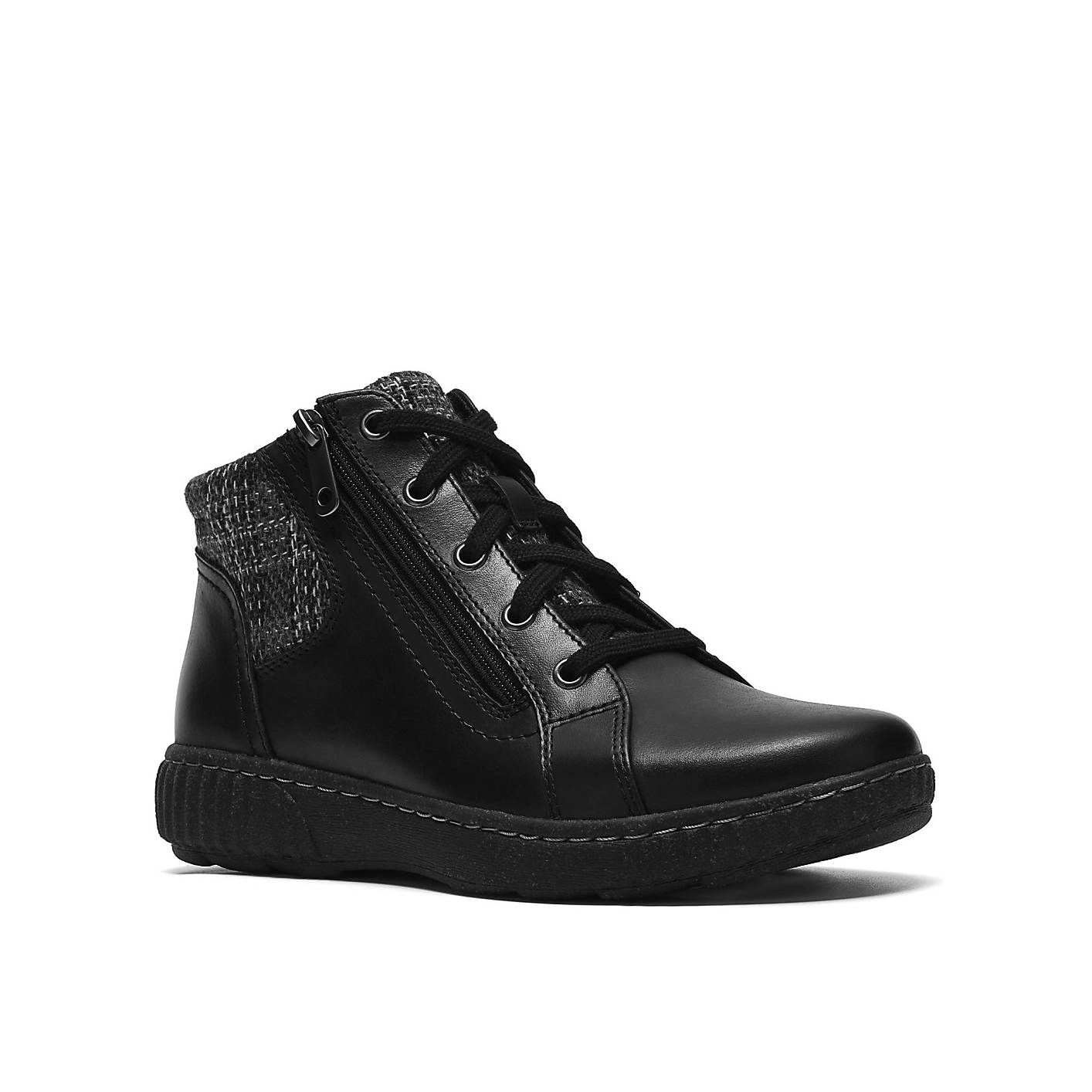 A black leather ankle boot with laces and a side zipper sits against a plain white background. Product Image 5