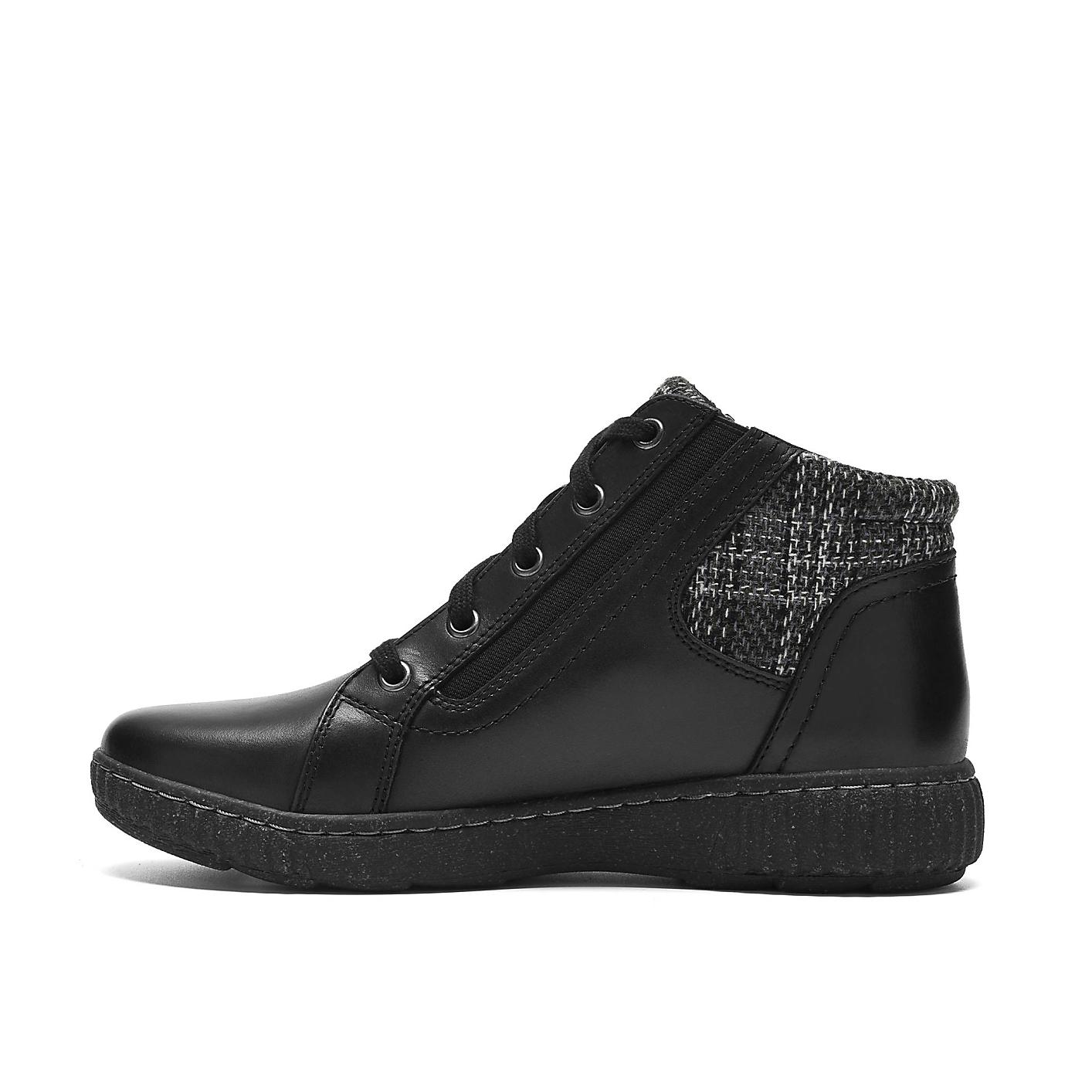 A black leather ankle boot with a textured grey fabric collar sits against a plain white background. Product Image 3