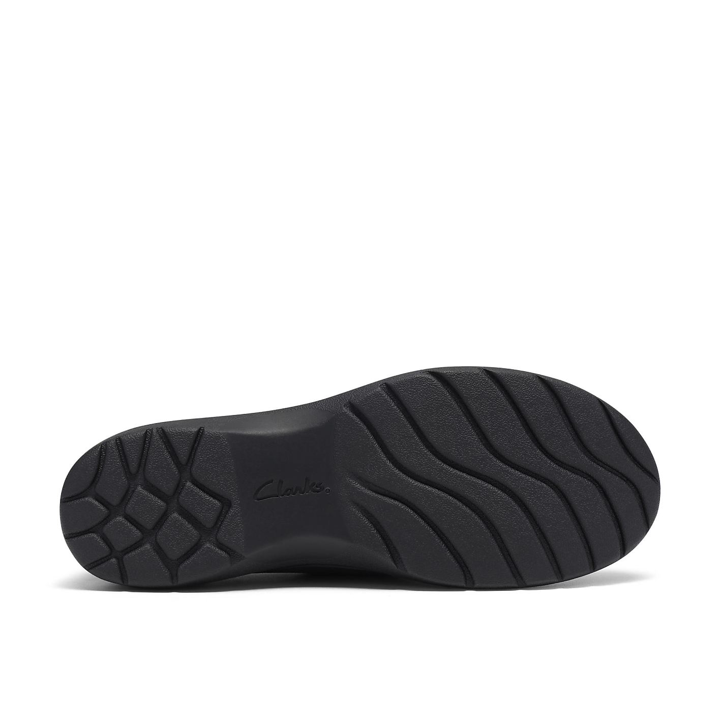 A black Clarks shoe sole with a textured grip is centered against a plain white background. Product Image 4