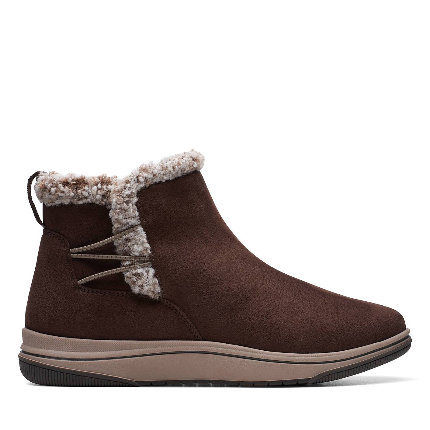 A brown faux-suede ankle boot with a fluffy faux-fur lining is centered against a plain white background. Product Image 1