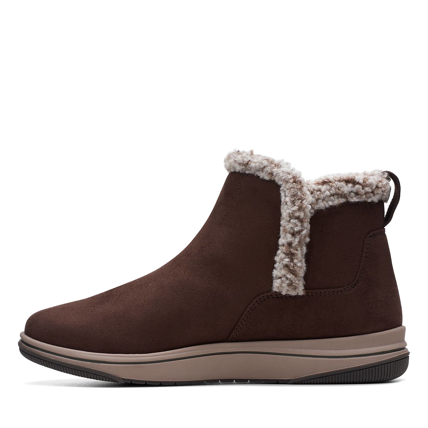 A brown faux-suede ankle boot with a fluffy cream lining is centered against a plain white background. Product Image 2