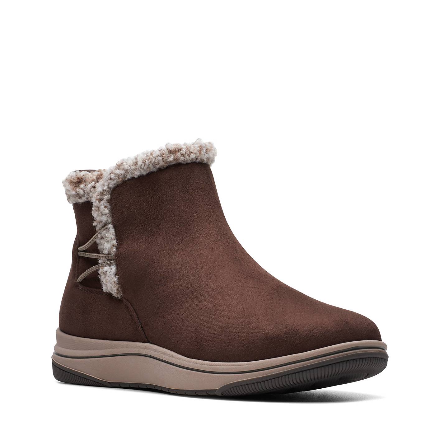 A brown faux-suede boot with a fluffy faux-fur trim sits centered against a plain white background. Product Image 3