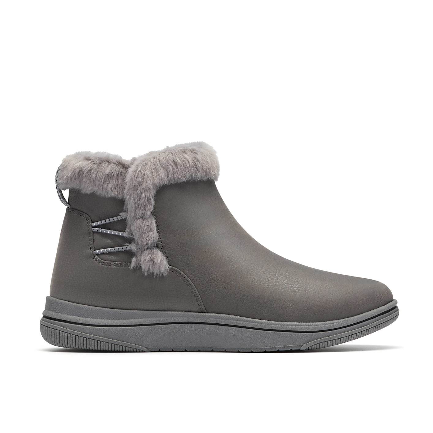A grey faux-leather ankle boot with a faux-fur collar sits centered against a plain white background. Product Image 1