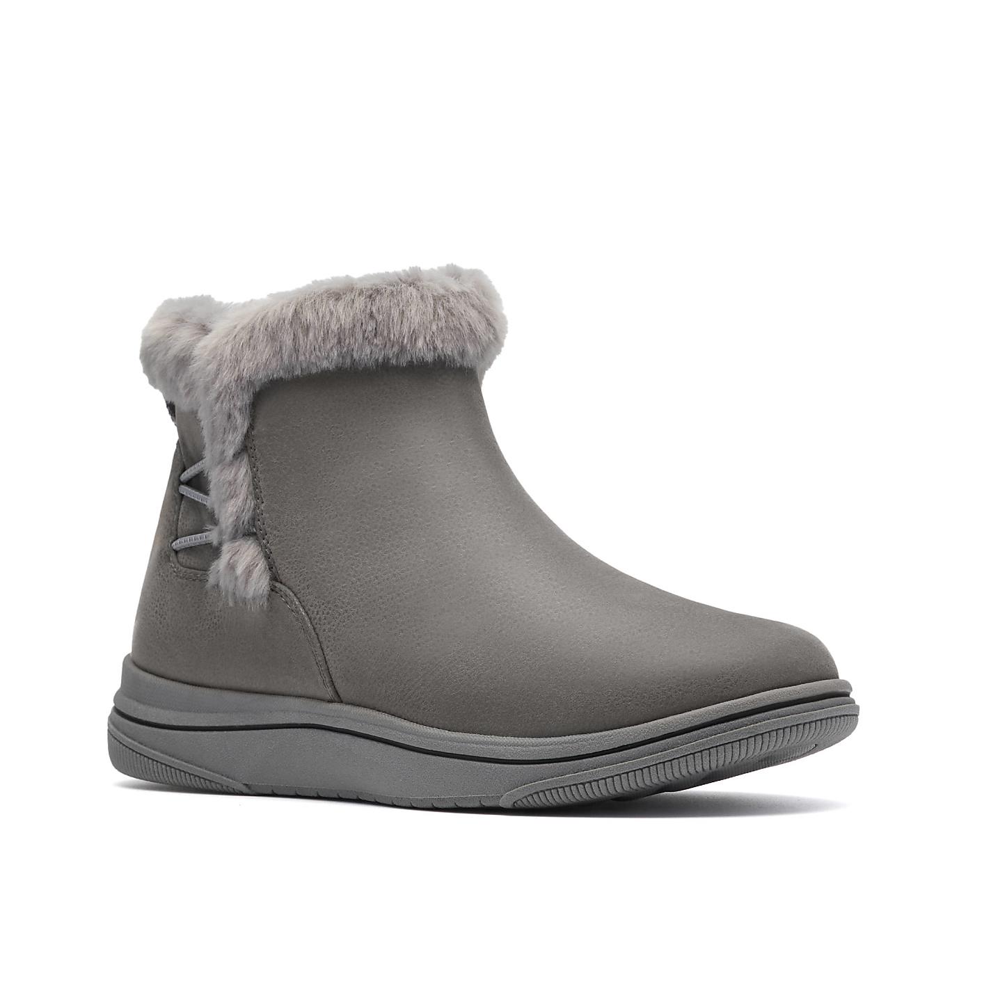 A grey faux-leather boot with a fluffy faux-fur collar sits against a plain white background. Product Image 5