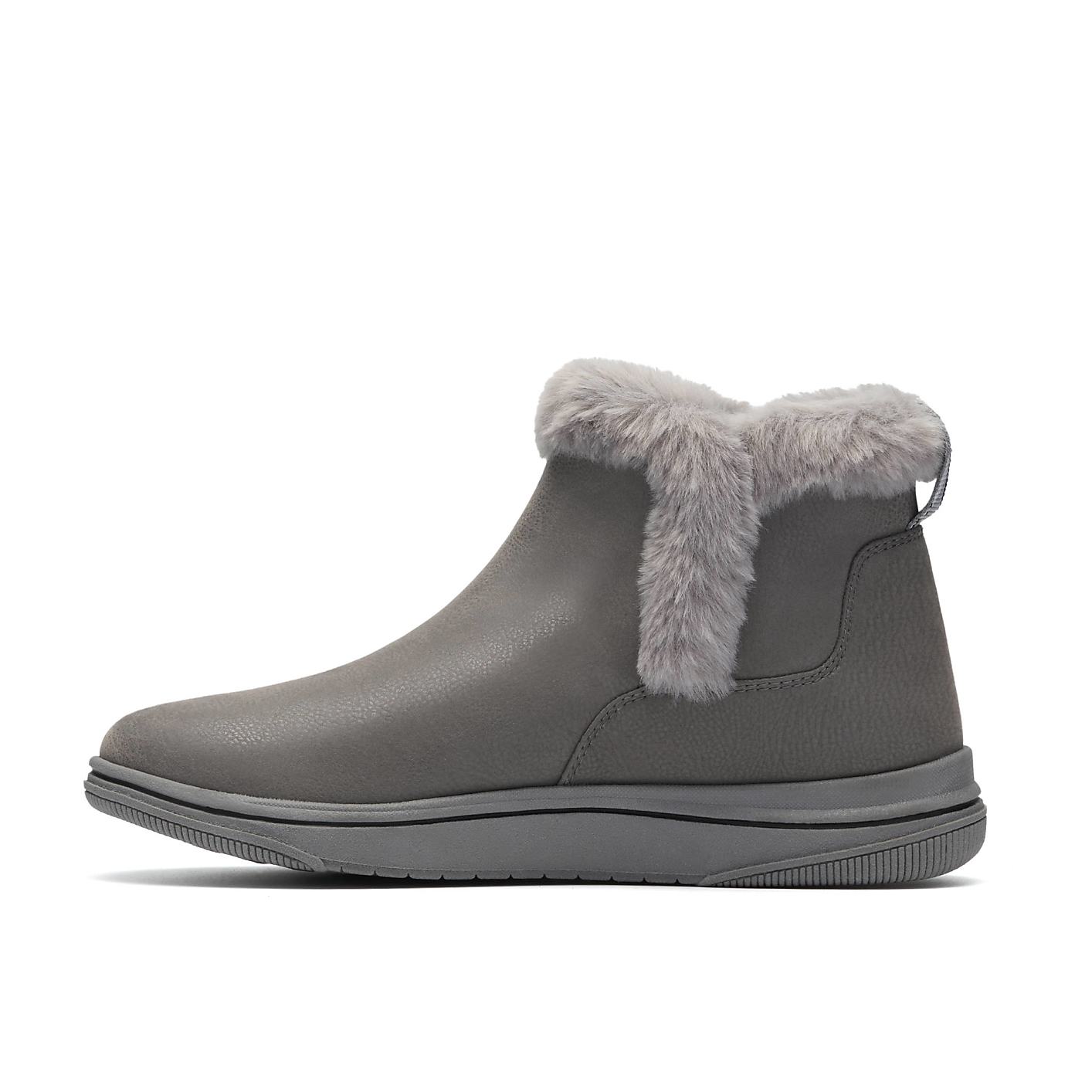 A grey ankle boot with a faux-fur trim sits centered against a plain white background. Product Image 3